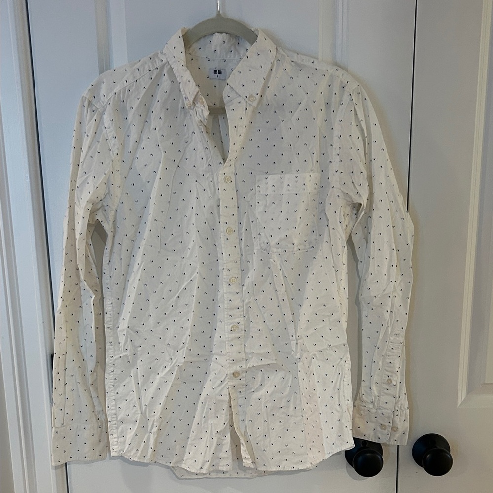 Uniqlo Cream Button Down Shirt with Black Pattern